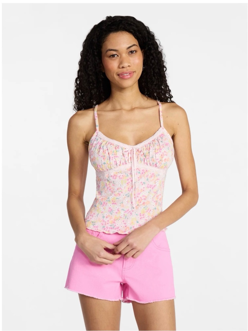 No Boundaries Pink Cameo Crochet Eyelet Lace Trim Lettuce Edge Hem Cami Top